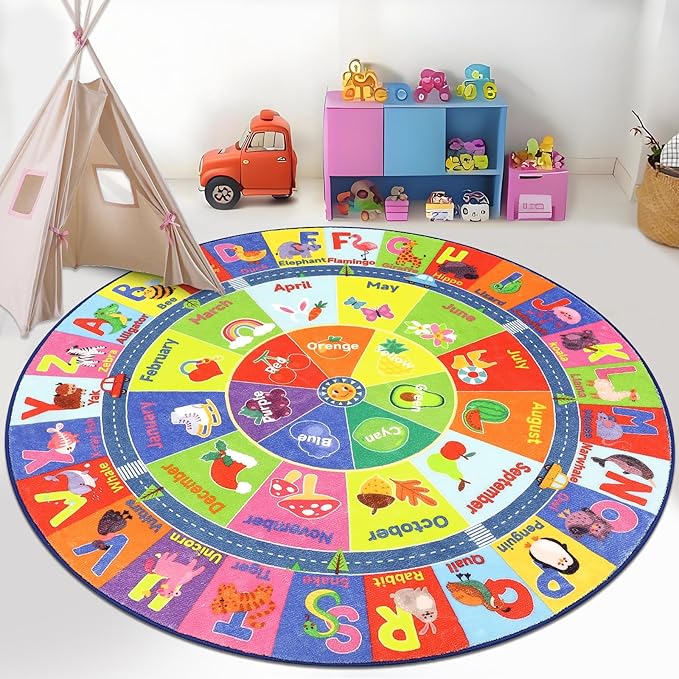 HEBE Kids Play Rug 4ft ABC Alphabet Numbers Shapes Educational Kid Area Rug Washable Baby Crawling Mat Non Slip Kid Play Mat Carpet for Girl Boy Bedroom Playroom - LeafyLoom