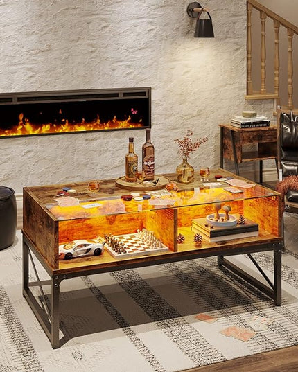 Bestier LED Coffee Tables for Living Room, 42 Inch Wood Center Table with Glass Top for Game Night. Rustic Brown - LeafyLoom