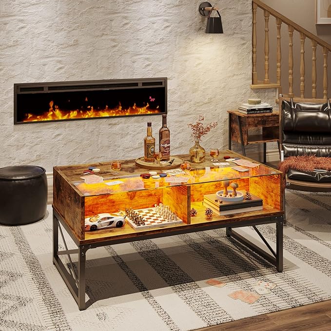 Bestier LED Coffee Tables for Living Room, 42 Inch Wood Center Table with Glass Top for Game Night. Rustic Brown - LeafyLoom