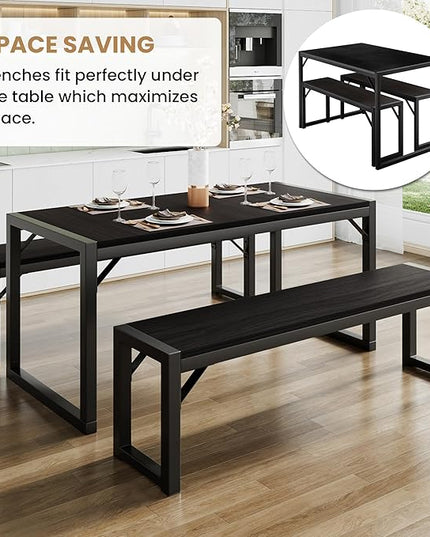 SHA CERLIN Dining Table Set with Two Benches, Rustic Kitchen Table Set for 4 people, Space-Saving Dinette, Heavy Duty Sturdy Structure, Easy Assemble, Black/Black - LeafyLoom