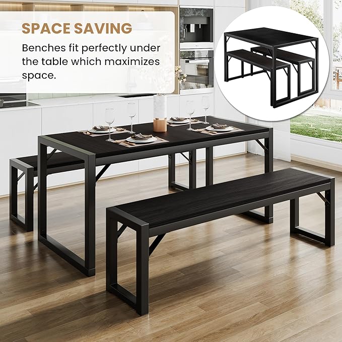 SHA CERLIN Dining Table Set with Two Benches, Rustic Kitchen Table Set for 4 people, Space-Saving Dinette, Heavy Duty Sturdy Structure, Easy Assemble, Black/Black - LeafyLoom