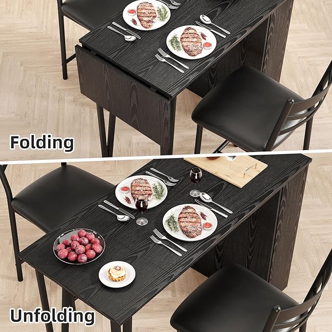 GAOMON Dining Table Set for 2, Kitchen Bar Table and Chairs for 2, 3-Piece Kitchen Table Set with 2 Upholstered Chairs, Expandable Counter Height Bar Table Set with 3 Storage Shelves, Black - LeafyLoom