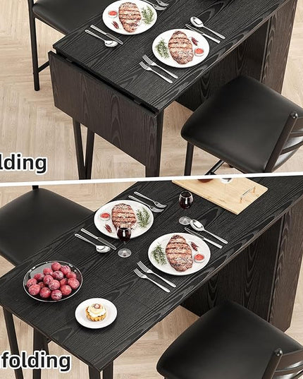 IDEALHOUSE Dining Table Set for 2, Expandable Kitchen Bar Table and Chairs for 2, 3 Piece Counter Height Top Dining Table Set with Upholstered Chairs Storage for Small Space, Black (Black) - LeafyLoom