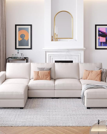 130.7" Large U-Shaped Sectional Sofa w/Removable Ottomans, 3-Pieces Modular Upholstered Couch with Double Chaise Lounge for Living Room Apartment Home Office, Beige, 130.7 Inch - LeafyLoom