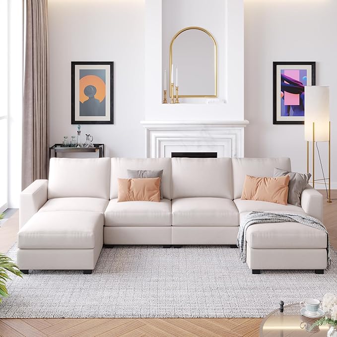 130.7" Large U-Shaped Sectional Sofa w/Removable Ottomans, 3-Pieces Modular Upholstered Couch with Double Chaise Lounge for Living Room Apartment Home Office, Beige, 130.7 Inch - LeafyLoom