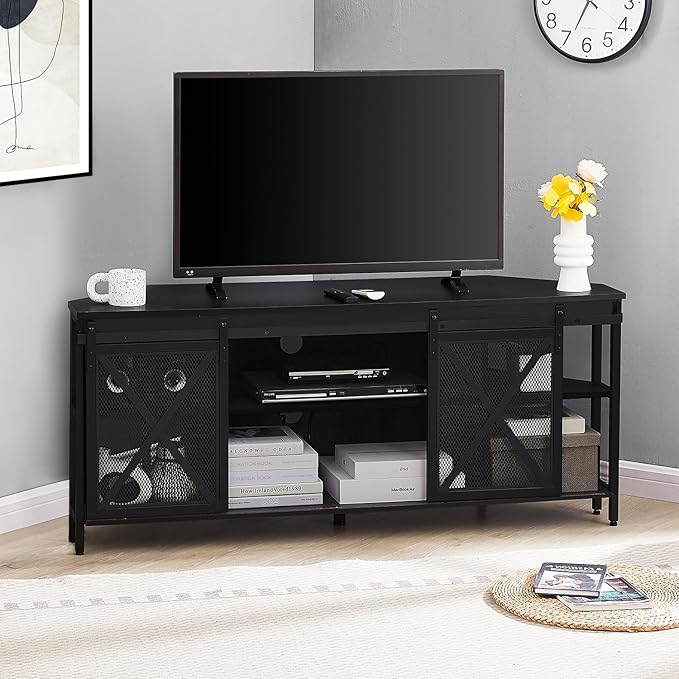 HOMISSUE Corner TV Stand, Corner TV Stand for 55 60 Inch TV, Industrial & Farmhouse Corner Entertainment Center w/Sliding Barn Door, Corner TV Cabinet for Living Room, Black - LeafyLoom