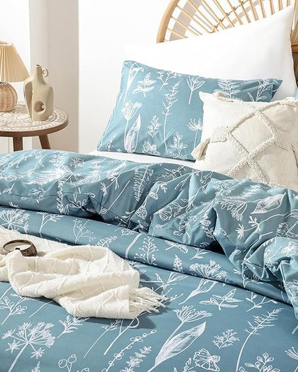 JANZAA Queen Comforter Set Floral Comforter Sets Queen Size Bedding Set Mineral Blue Comforter for All Season with 2 Pillow Shams Cute and Comfortable - LeafyLoom