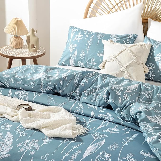 JANZAA Queen Comforter Set Floral Comforter Sets Queen Size Bedding Set Mineral Blue Comforter for All Season with 2 Pillow Shams Cute and Comfortable - LeafyLoom