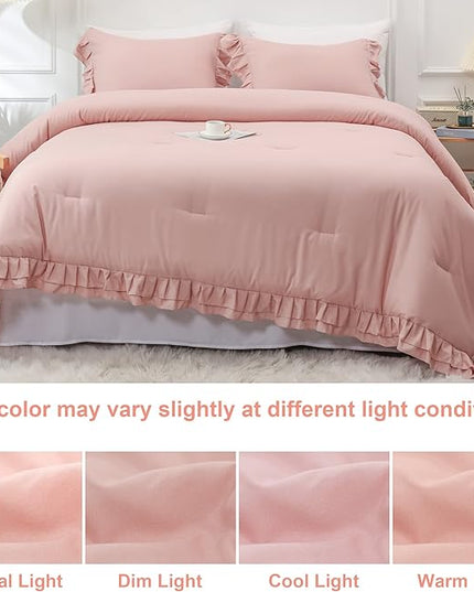Blush Pink Double Ruffle Comforter Set Twin Size (66x90 Inch), 2 Pcs Farmhouse Vintage Comforter Set (1 Ruffled Comforter and 1 Pillowcase), Rustic All Season Down Alternative Bedding Set - LeafyLoom