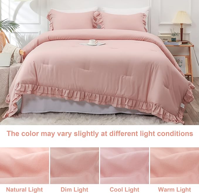 Blush Pink Double Ruffle Comforter Set King Size (104x90 Inch), 3 Pcs Farmhouse Vintage Comforter Set (1 Ruffled Comforter and 2 Pillowcase), Rustic All Season Down Alternative Bedding Set - LeafyLoom