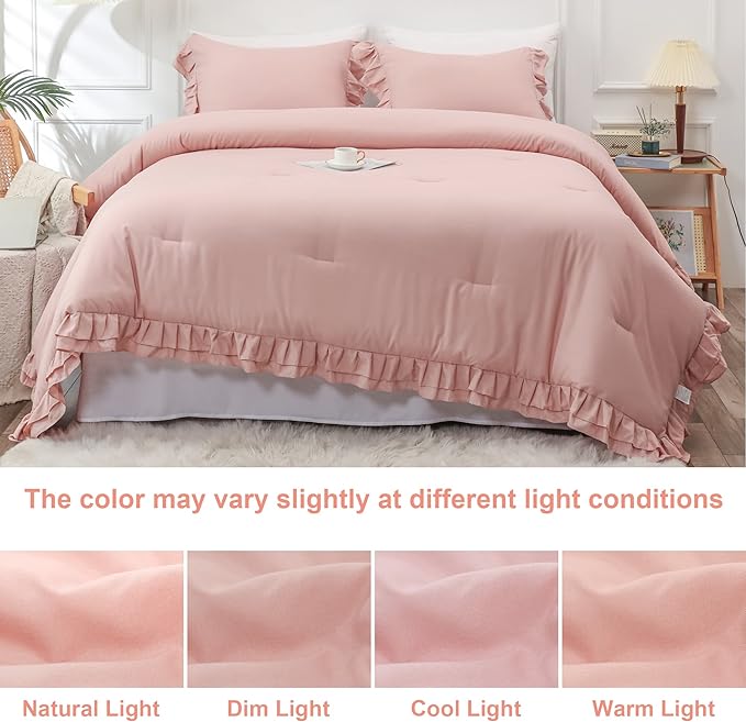 Blush Pink Double Ruffle Comforter Set Full Size (79x90 Inch), 3 Pcs Farmhouse Vintage Comforter Set (1 Ruffled Comforter and 2 Pillowcase), Rustic All Season Down Alternative Bedding Set - LeafyLoom