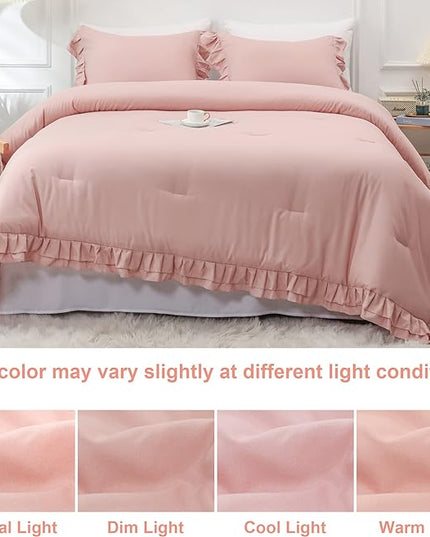 Blush Pink Double Ruffle Comforter Set Twin Size (66x90 Inch), 2 Pcs Farmhouse Vintage Comforter Set (1 Ruffled Comforter and 1 Pillowcase), Rustic All Season Down Alternative Bedding Set - LeafyLoom