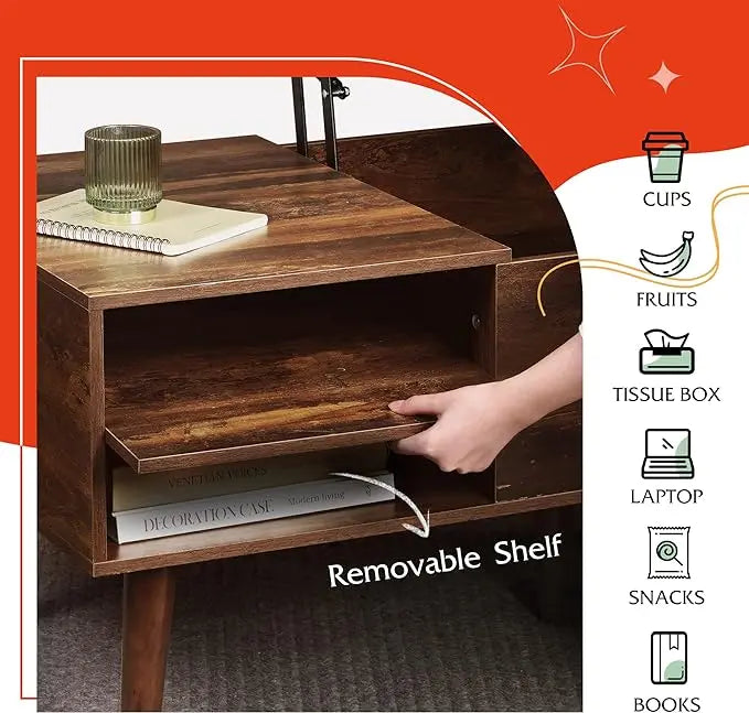 WLIVE Wood Lift Top Coffee Table with Adjustable Storage Shelf and Hidden Compartment, Lift Tabletop Dining Table for Living Room and Office, Rustic Oak - LeafyLoom