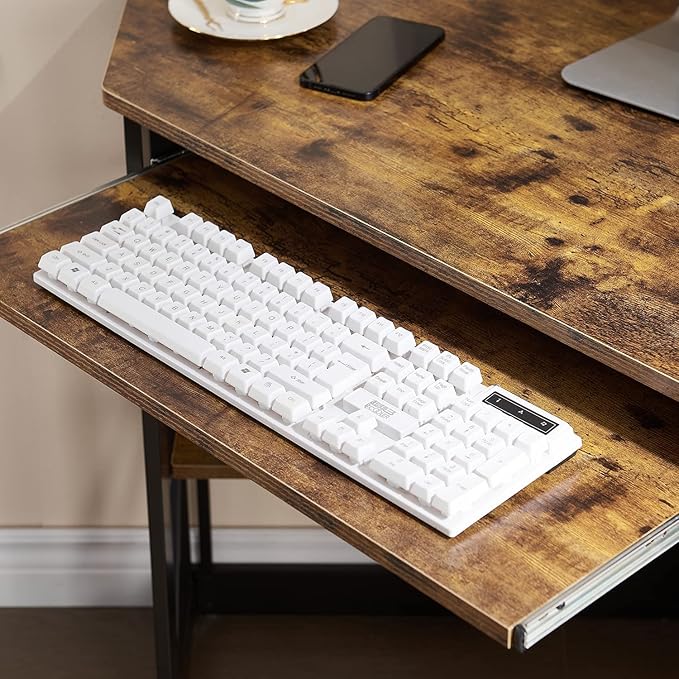 VECELO Corner Computer Desk Writing Smooth Keyboard Tray & Storage Shelves,Compact Home Office Triangle Table, Antique Brown - LeafyLoom
