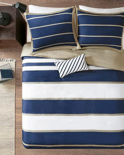 Mi Zone Ashton Duvet Modern Casual Vibrant Colorblock Design, All Season Comforter Cover Teen Bedding, Boys Bedroom Décor, King/Cal King, Khaki/Navy 4 Piece - LeafyLoom