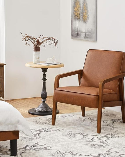 Yaheetech PU Leather Accent Chair, Mid-Century Modern Barrel Chair with Wooden Frame and Soft Thick Padded for Living Room Bedroom Home Office, Light Brown - LeafyLoom