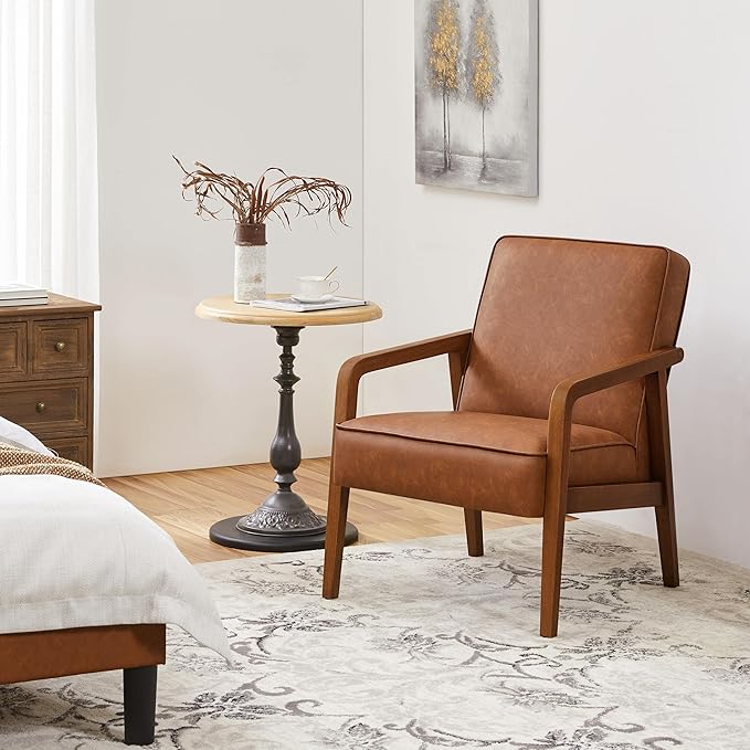 Yaheetech PU Leather Accent Chair, Mid-Century Modern Barrel Chair with Wooden Frame and Soft Thick Padded for Living Room Bedroom Home Office, Light Brown - LeafyLoom