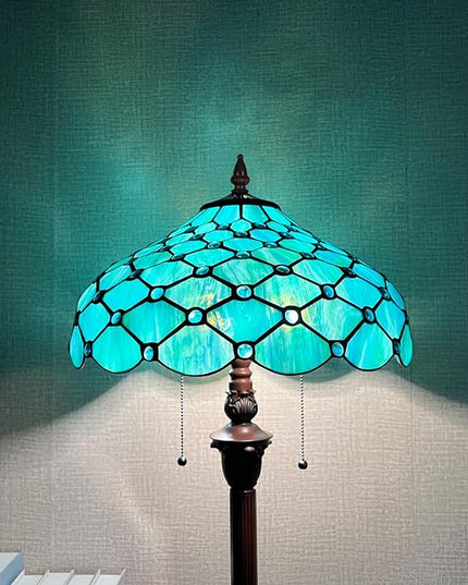 Capulina Tiffany Floor Lamp 2-Light 16X16X63 Inches Seagrass Blue Beads Style Stained Glass Standing Reading Light for Living Room Bedroom Home Office - LeafyLoom