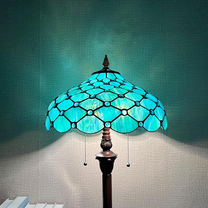 Capulina Tiffany Floor Lamp 2-Light 16X16X63 Inches Seagrass Blue Beads Style Stained Glass Standing Reading Light for Living Room Bedroom Home Office - LeafyLoom