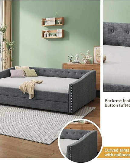 Twin Daybed Frame with Trundle,Upholstered Sofa Bed W/Button & Nailhead Tufted Design,Wood Slats Support,Saving Space,Linen Fabric Bedframe for Living Room Bedroom Apartment,Dark Gray - LeafyLoom