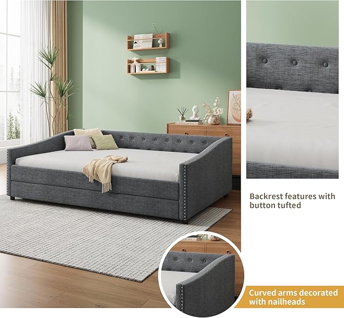 Full Size Upholstered Daybed with Twin-Size Trundle,Elegant Wood Bed Frame w/Button Tufted Back and Waved Shape Arms & Nailhead,Slat Support,Sofa Bed for Apartment,Bedroom,Dark Grey - LeafyLoom