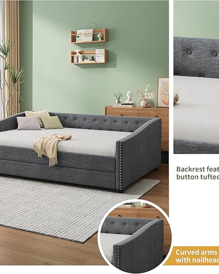 Full Daybed Frame with Trundle,Upholstered Sofa Bed W/Button & Nailhead Tufted Design,Wood Slats Support,Saving Space,Linen Fabric Bedframe for Living Room Bedroom Apartment,Dark Gray - LeafyLoom