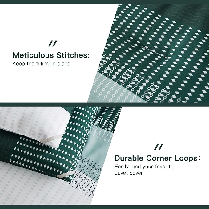 Litanika Dark Emerald Green Bed Comforter Queen Set, 3 Pieces Forest Bedding Set, Double Colorblock Stripe Vintage Bed Set (90x90Comforter, 2 Pillowcases) - LeafyLoom