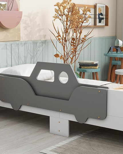 Twin Kid Bed with Headboard, Twin Bed with Footboard Bench,Wood Slat Support, Cute Kid Bed Frame with Book Storage Space, Twin Car Bed for Boys Girls Bedroom, No Box Spring Needed, White - LeafyLoom
