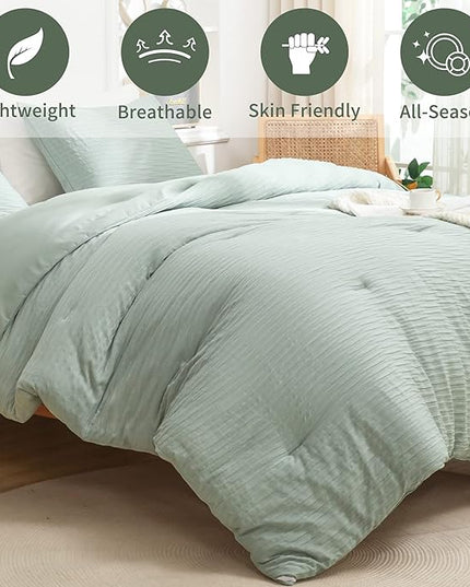 Sage Green Seersucker Comforter Set Full Size (79x90 in), 3 Pieces Soft Crinkled Textured Comforter with 2 Pillowcases, Lightweight Microfiber Down Alternative Bedding Set for All Season - LeafyLoom