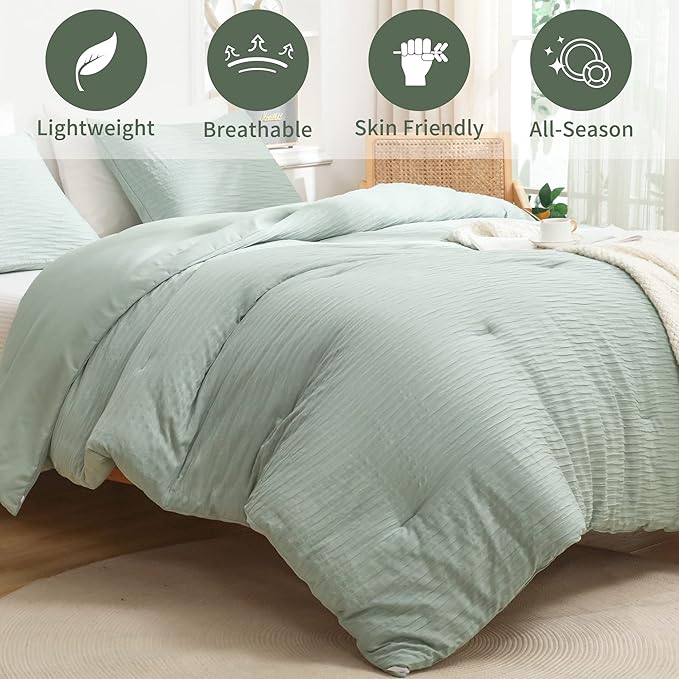 Sage Green Seersucker Comforter Set Full Size (79x90 in), 3 Pieces Soft Crinkled Textured Comforter with 2 Pillowcases, Lightweight Microfiber Down Alternative Bedding Set for All Season - LeafyLoom