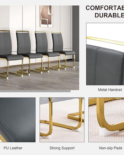 Modern Dining Chairs Set of 2, Side Dining Room Chairs with Gold Frame, Kitchen Chairs with Faux Leather Padded Seat High Back, Chairs for Dining Room, Kitchen, Living Room Dark Grey - LeafyLoom