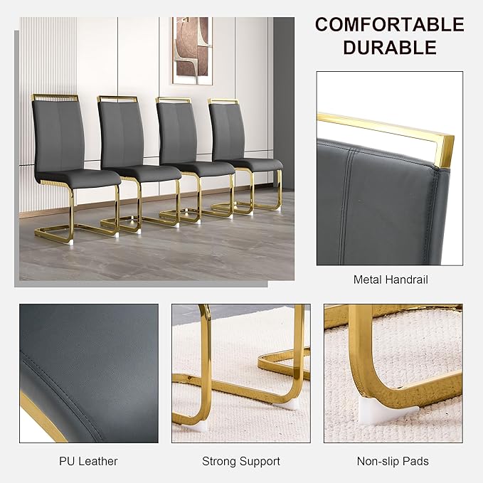 Modern Dining Chairs Set of 4, Side Dining Room Chairs with Gold Frame, Kitchen Chairs with Faux Leather Padded Seat High Back, Chairs for Dining Room, Kitchen, Living Room Dark Grey - LeafyLoom