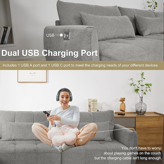 113.3" L-Shaped Sectional 3-Seat Sofa, Convertiblet Chenille Upholstered Couch with Movable Ottoman and two USB Ports for Apartment, Living Room, Bedroom, 113.3 Inch, Gray - LeafyLoom