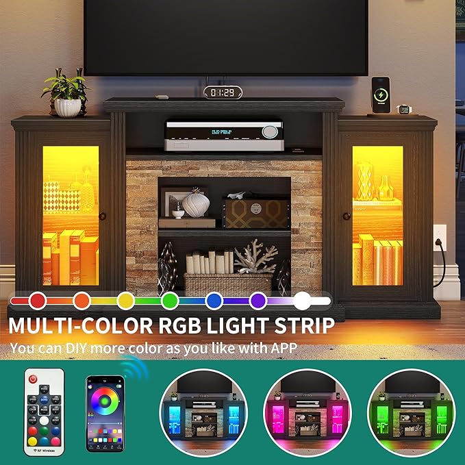 YITAHOME Modern TV Stand for up to 65 Inch TVs, Entertainment Center with LED Lights and Power Outlets, Farmhouse TV Cabinet Media Console Table with Glass Doors for Living Room, Black, 59 Inch - LeafyLoom