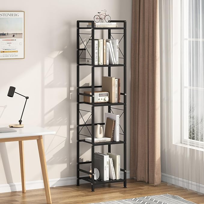 JSB 5 Tier Metal Bookshelf Bathroom Storage Standing Shelf Unit Kitchen Storage Organizer Display Rack Bookcases Shelves for Living Room, Bedroom, Office (Black, 5 Tier) - LeafyLoom