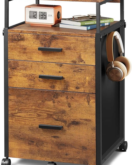 DEVAISE File Cabinet with Storage Drawers, Rolling Printer Stand with Adjustable Shelves, Wood Filing Cabinet for Home Office, Rustic Brown - LeafyLoom