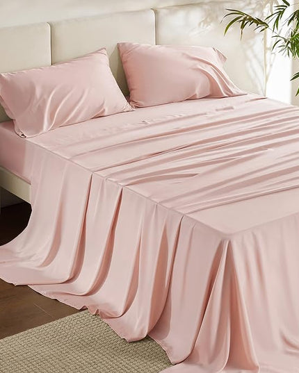 Bedsure California King Sheet Sets, Cooling Sheets, Rayon Derived from Bamboo, Deep Pocket Up to 16", Breathable & Soft Bed Sheets, Hotel Luxury Silky Bedding Sheets & Pillowcases, Pink - LeafyLoom