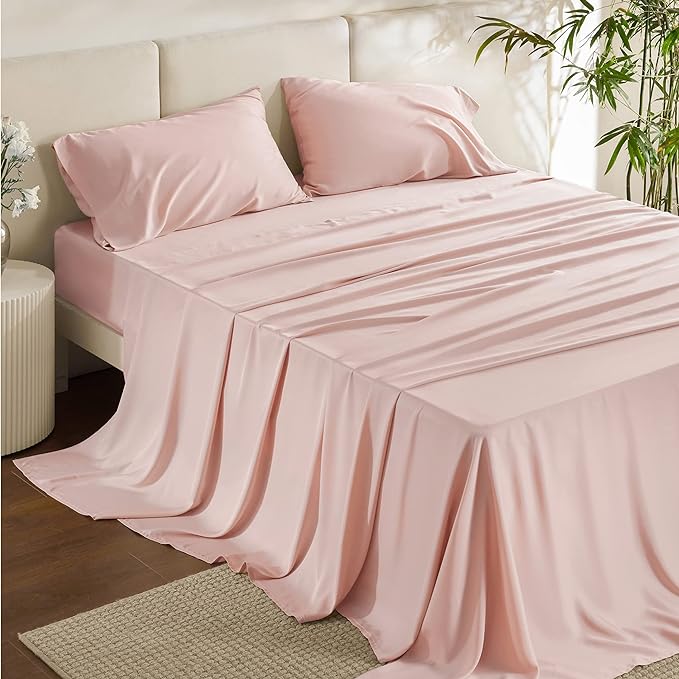 Bedsure Queen Sheets, Rayon Derived from Bamboo, Queen Cooling Sheet Set, Deep Pocket Up to 16", Breathable & Soft Bed Sheets, Hotel Luxury Silky Bedding Sheets & Pillowcases, Pink - LeafyLoom