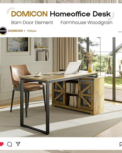Rustic Corner Desk with Storage, L Shaped Farmhouse Office Desk with Sufficient Storage Capacity, Built-in Power Socket and Barn Door Design - LeafyLoom