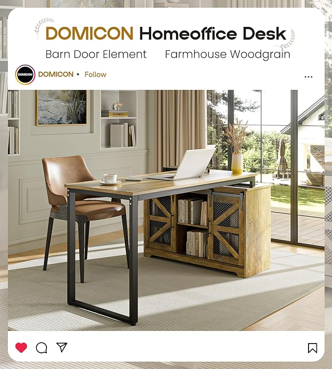 Rustic Corner Desk with Storage, L Shaped Farmhouse Office Desk with Sufficient Storage Capacity, Built-in Power Socket and Barn Door Design - LeafyLoom