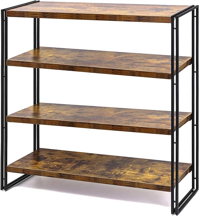 Bookshelf,4-Tier Industrial Bookcase,Rustic Wood and Metal Open Display Book Shelves Home Office,Bedroom Standing Shelf Unit,Horizontal Kitchen Shelf Organizer,Bathroom Storage Rack Mid Century 47in - LeafyLoom