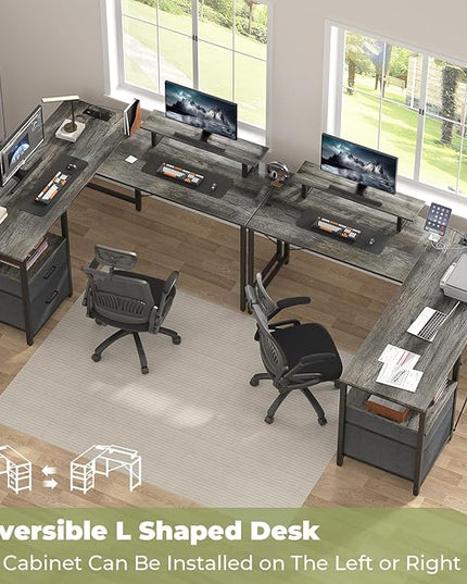 Homieasy L Shaped Computer Desk with Storage File Drawer, Reversible Home Office Desk with Recessed Power Strip and Led Strip, Corner Gaming Desk Work Study Table with Monitor Stand, Black Oak - LeafyLoom