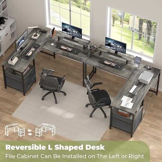 Homieasy L Shaped Computer Desk with Storage File Drawer, Reversible Home Office Desk with Recessed Power Strip and Led Strip, Corner Gaming Desk Work Study Table with Monitor Stand, Black Oak - LeafyLoom