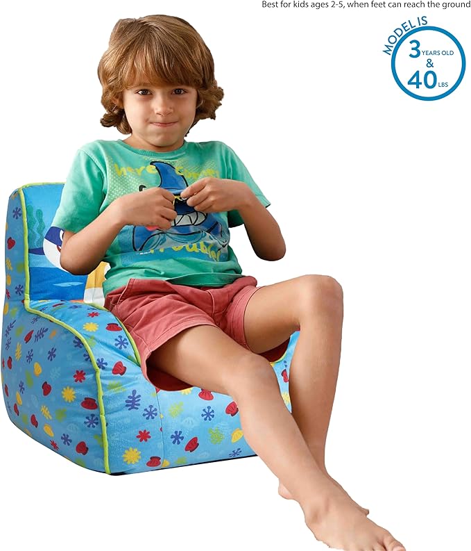 Idea Nuova Baby Shark Kids Mink Plush Bean Bag Chair with Piping & Top Carry Handle, Large - LeafyLoom