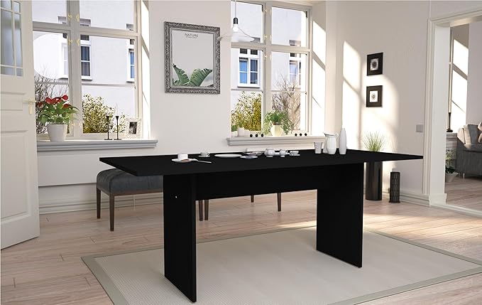 Manhattan Comfort Nomad Dining Table for 4 to 6, Modern Rustic Farmhouse Statement Furniture Piece with Protouch Wood Grain Finish, Sturdy H-Base Pedestal Design, Easy Assembly, 67.91", Black - LeafyLoom