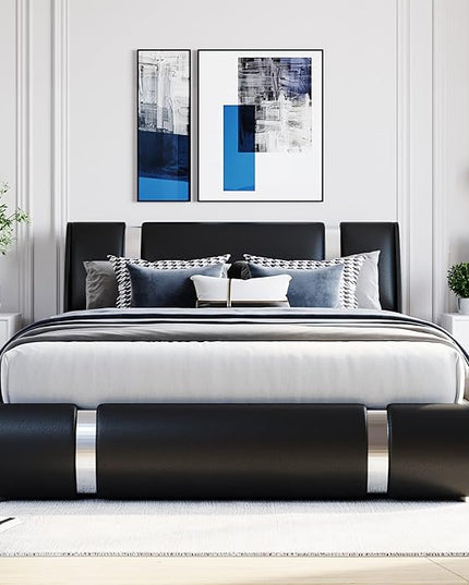 Modern Queen Size Upholstered Faux Leather Platform Bed with a Hydraulic Storage System, Metal Strips Headboard and Footboard, No Box Spring Needed, Sturdy Slat Support, Easy to Assemble - LeafyLoom