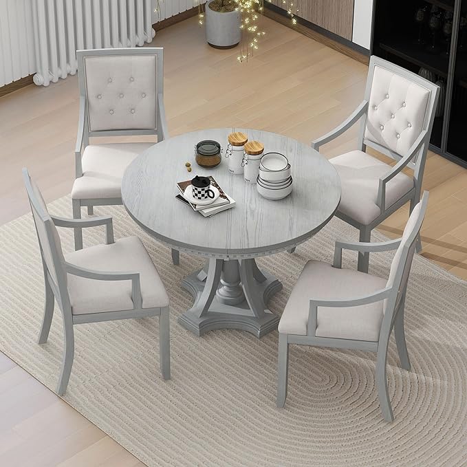 NicBex Small Dining Table Set for 4 Kitchen Table Set Retro 5-Piece Dining Set Extendable Round Table and 4 Chairs for Kitchen, Dining Room, Space-Saving, Antique Gray - LeafyLoom