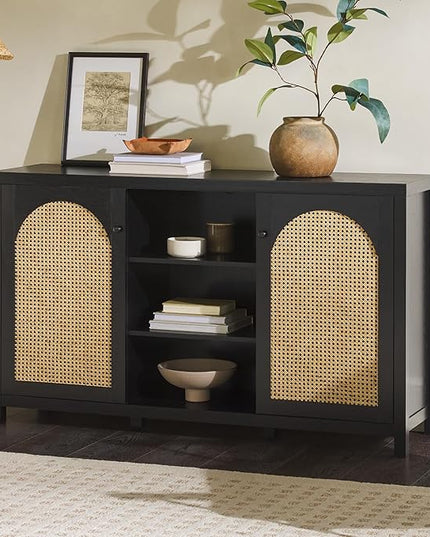 Walker Edison Boho Arched Rattan 2-Door Sideboard, 58 Inch, Black - LeafyLoom
