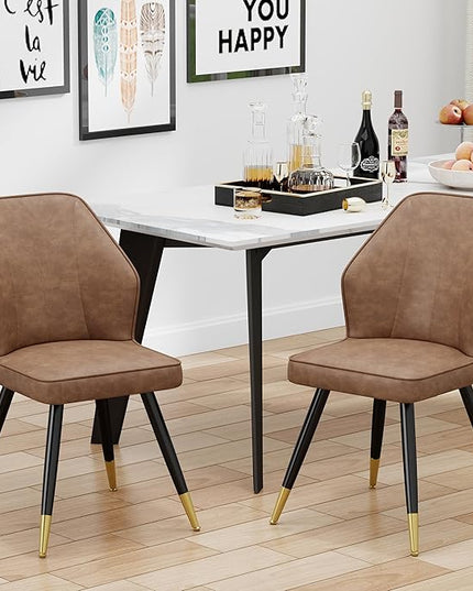 Brown Faux Leather Dining Chairs Set of 2, Mid Century Modern Kitchen Dining Room Chairs Upholstered Armless Accent Side Chairs with Metal Legs - LeafyLoom