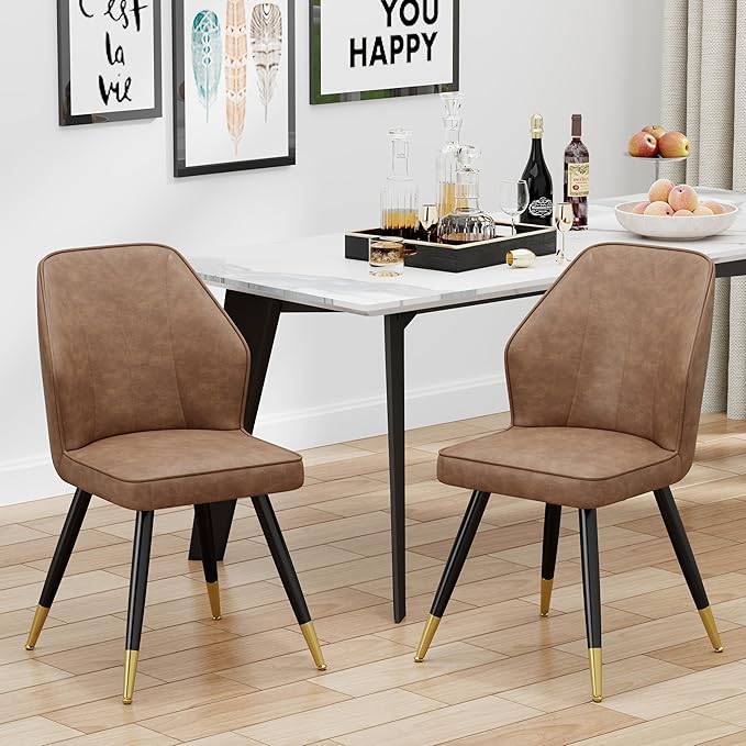 Brown Faux Leather Dining Chairs Set of 2, Mid Century Modern Kitchen Dining Room Chairs Upholstered Armless Accent Side Chairs with Metal Legs - LeafyLoom